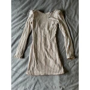 Forever 21 White Sequin Striped Long Sleeve Scoop Back Mini Dress Nude Small